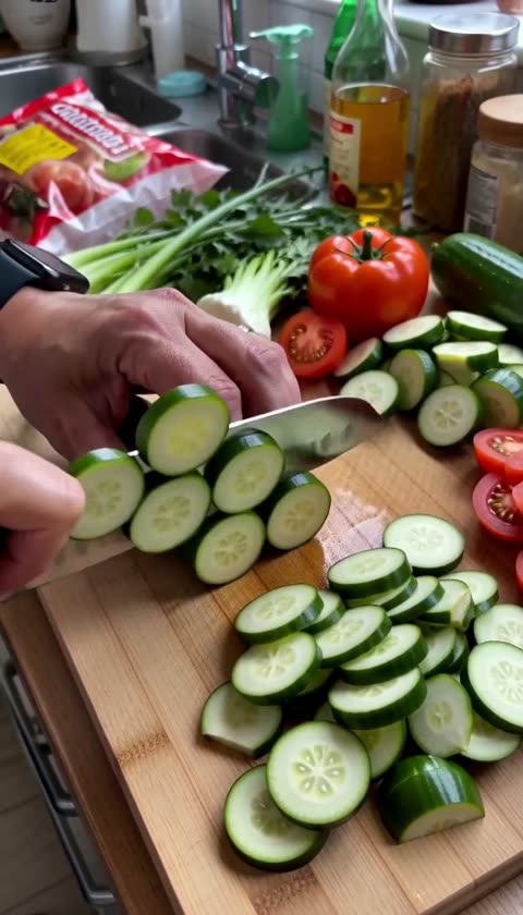 AI-generated hands slicing cucumber on a chopping board