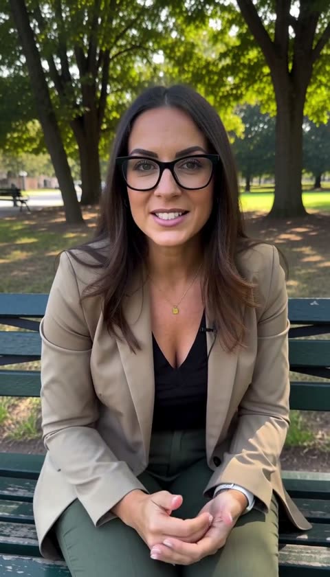 AI-generated presenter speaking to the camera in a park