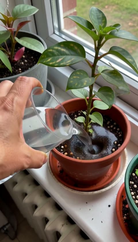 AI-generated hand watering a potted plant with a clear jug