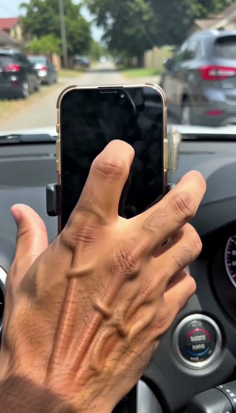 AI-generated hand positioning a phone against a dashboard mount